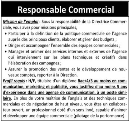 Raynal et Fadika RH recrute 01 Responsable Commercial 