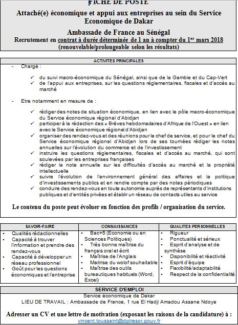 L'Ambassade de France recrute 01 Attaché économique et appui aux ...