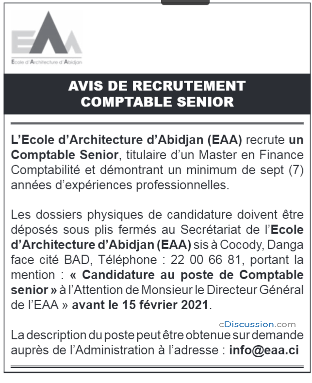 L&Rsquo;Ecole D&Rsquo;Architecture D&Rsquo;Abidjan (Eaa) Recrute Un Comptable Senior