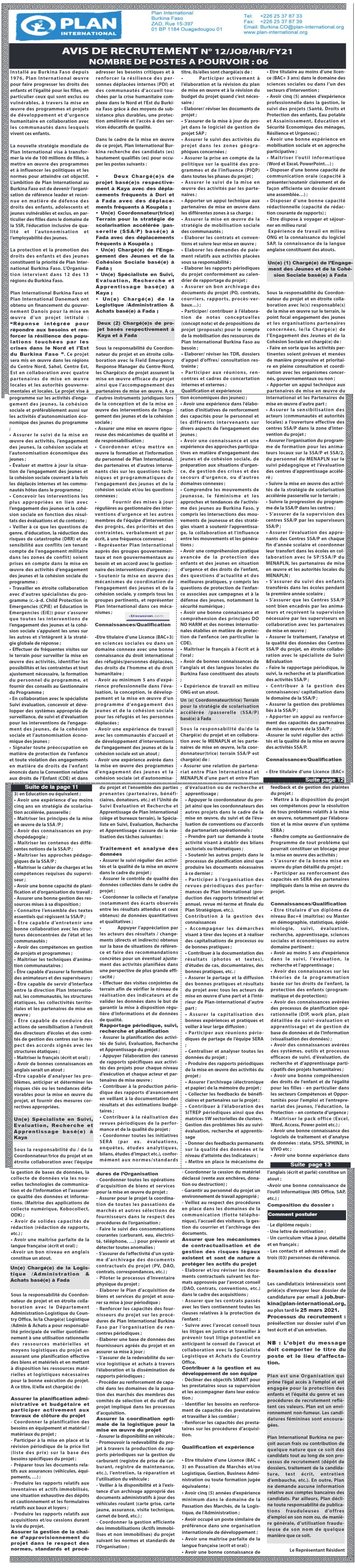 20210319111143 - Plan International Burkina Faso Recrute (01) Chargé(e) de la Logistique / Administration &amp; Achats