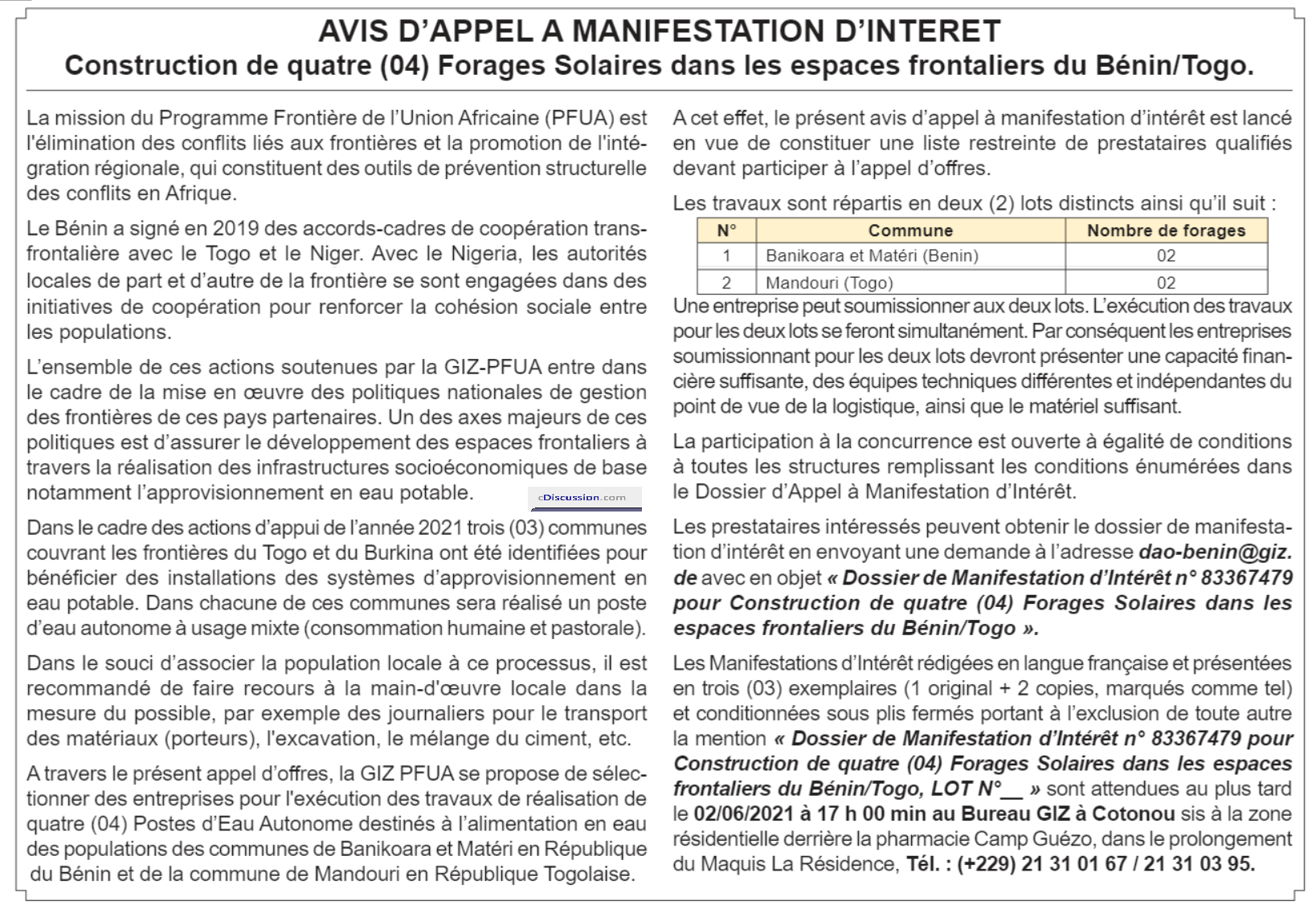 20210511140518 - Avis d'Appel à Manifestation d'Intérêt pour la Construction de quatre (04) Forages Solaires dans les Espaces Frontaliers du Bénin/Togo