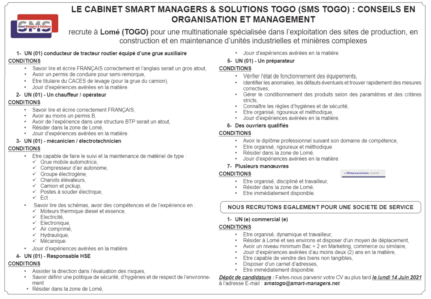 Le Cabinet Sms Togo Recrute 01 Conducteur, Des Ouvriers Qualifiés