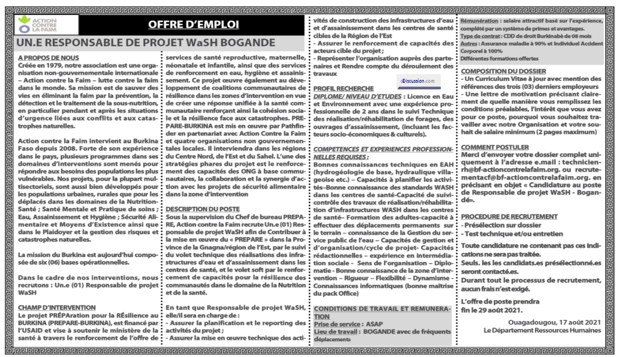 ACF recrute 01 Responsable de Projet WaSH  Concoursn.com