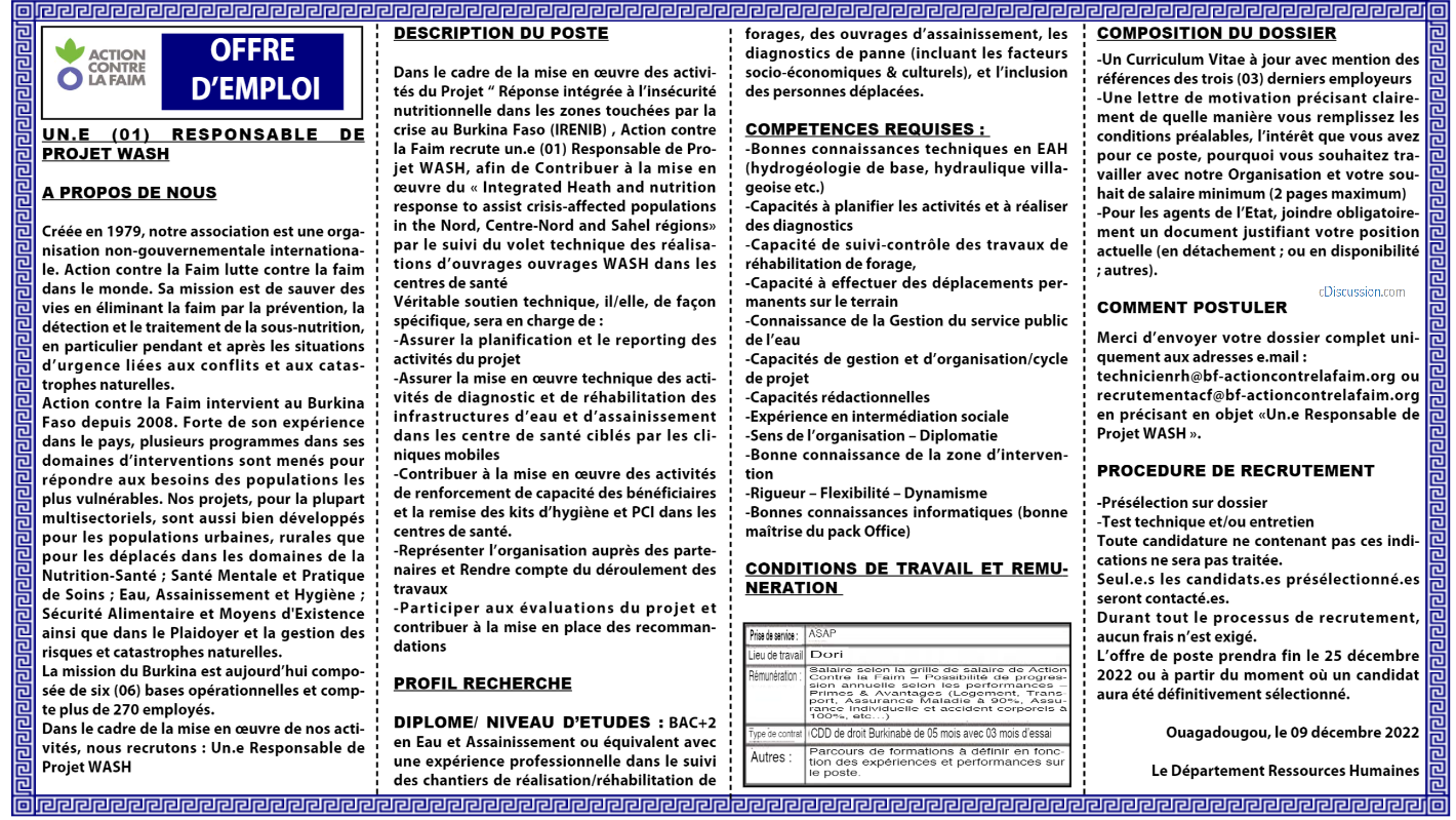 ACF recrute 01 Responsable de projet Wash  Concoursn.com