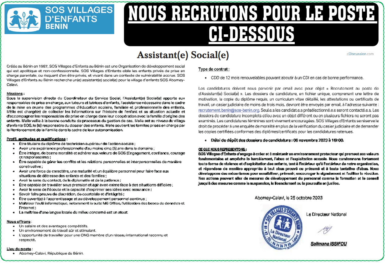 Recrutement D’un(E) Assistant(E) Social(E)
